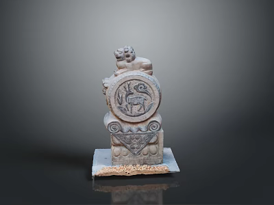 Ancient Stone Sculpture Featuring Mythical Beast And Deer Motif On Decorative Base 3d model