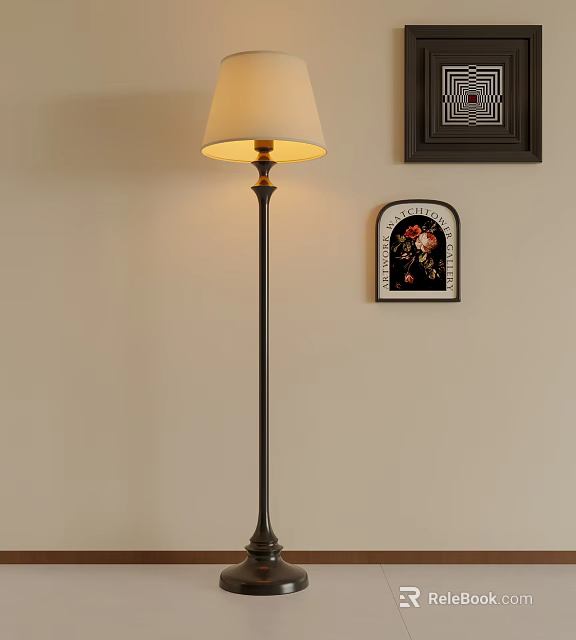 Illuminated Metal Floor Lamp with Light Colored Shade Beside Framed Wall Art on Beige Wall 3d model 
