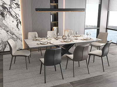 Modern Dining Table Set With Rectangular Top Mixed Color Chairs Marble Wall And Pendant Light 3d model
