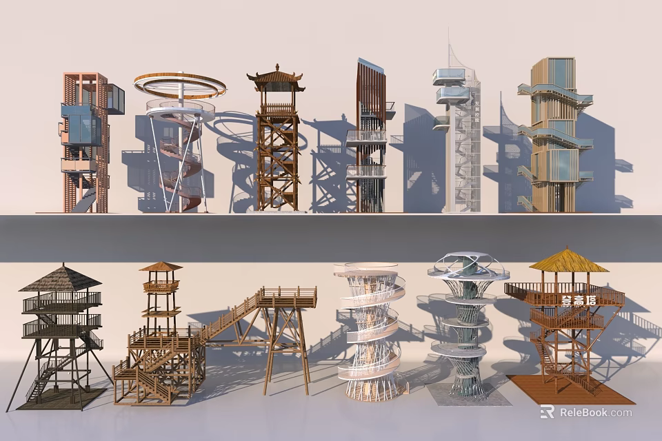 Diverse Stylish Towers Featuring Traditional Modern Wooden Spiral And Open air Designs 3d model 