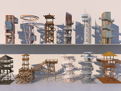 Diverse Stylish Towers Featuring Traditional Modern Wooden Spiral And Open air Designs 3d model
