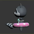 Cartoon Raccoon with Pink Ears Blue Bow Tie Striped Tail on Polka Dot Swim Ring