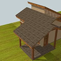 Cottage Building With Wooden Roof Light Colored Walls And Large Windows On Green Lawn