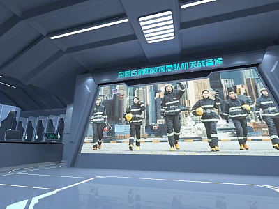 Chinese Emergency Management Rescue Team Members In Modern Facility With Cityscape 3d model