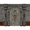 Stone Wall Arched Door Design With Metal Decorations And Wall Sconces
