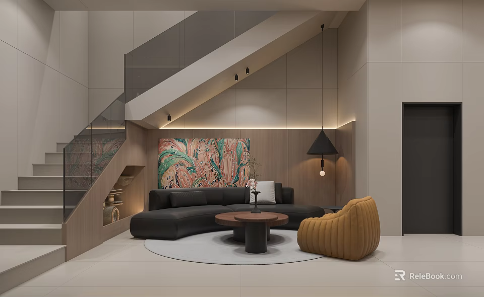 Modern Lounge Room With Staircase Mural Black Sofa Round Coffee Table And Yellow Chair 3d model 
