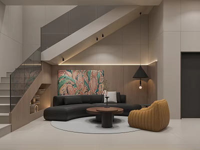 Modern Lounge Room With Staircase Mural Black Sofa Round Coffee Table And Yellow Chair 3d model