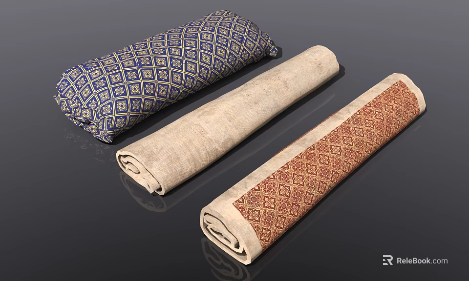 Three Rolled Decorative Fabric Mats With Blue Beige And Brown Patterns For Home Use 3d model 