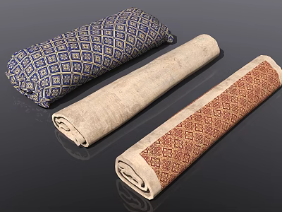 Three Rolled Decorative Fabric Mats With Blue Beige And Brown Patterns For Home Use 3d model