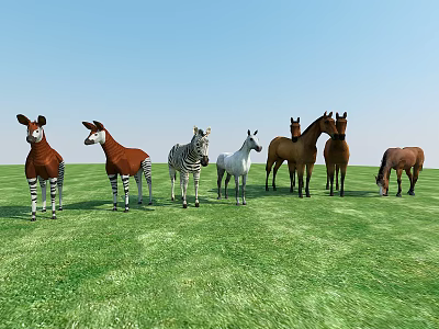 Various Horse Breeds Including Zebra Brown And White Horses In Grassy Field 3d model
