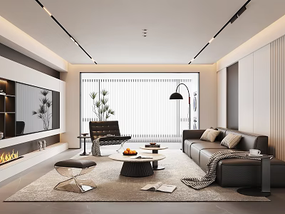 Modern Living Room Interior With Sofa Coffee Table TV Fireplace Rug And Floor Lamp 3d model