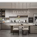 Modern Kitchen Interior With Gray Cabinets Island Counter Hanging Lights And Appliances Dining Chairs