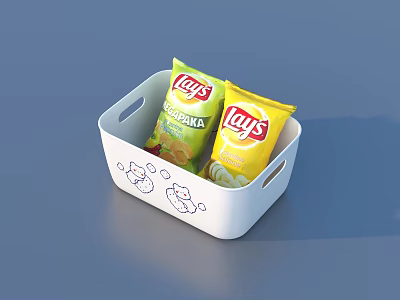 White Storage Basket With Cartoon Patterns Holding Lays Chips Sour Cream Onion And Original Flavors 3d model