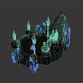 Fantasy Scene Component With Circular Structure Burning Torches Blue Crystals And Green Glow