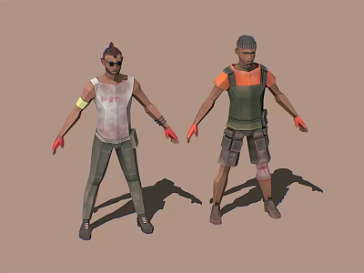 Two Different Male 3D Character Models in Casual Attire with Vests Gloves and Knee Pads 3d model