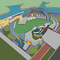 Children's Play Area With Colorful Structures Slide Green Lawn Walkway And Water Feature