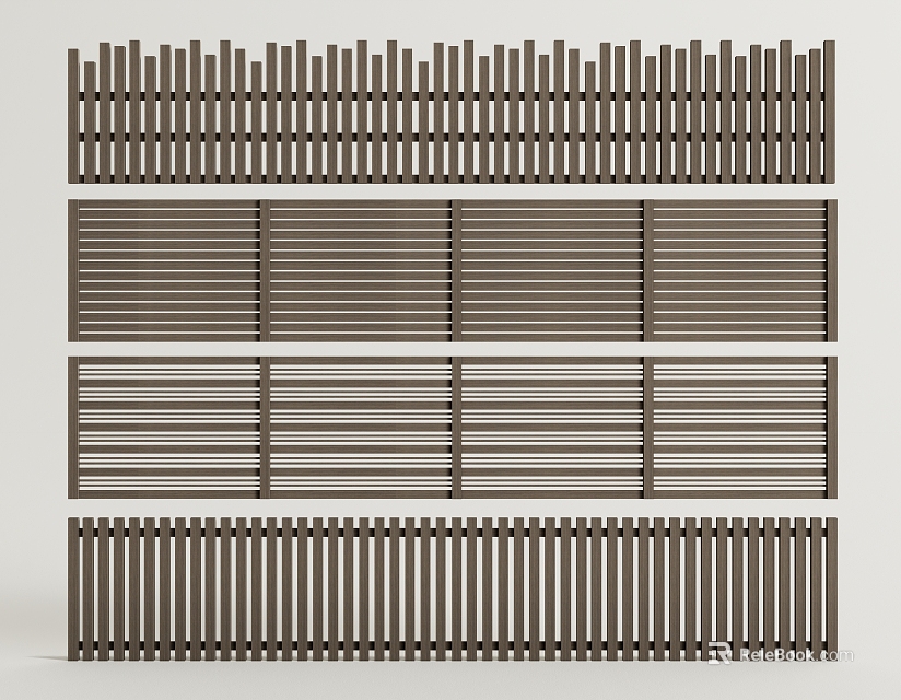 Various Modern Wooden Fence Designs With Horizontal Slats And Decorative Patterns 3d model 