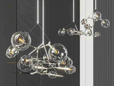 Modern Transparent Glass Chandelier With Multiple Spherical Illuminated Bulbs In Contemporary Interior Design 3d model