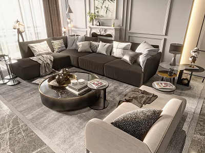 Modern Sofa Coffee Table Set With Round Table Throw Pillows Side Tables And Decorative Rug 3d model