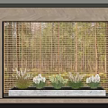 Golden Grid Partition With Woodland Background And Planter Box With White Flowers And Green Plants