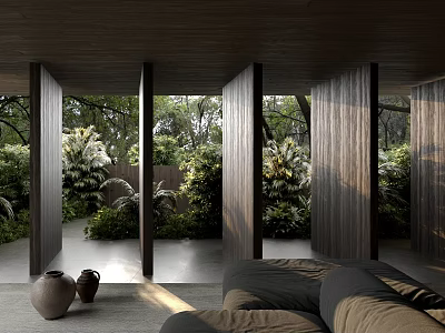 Modern Bedroom Interior With Wooden Partitions Large Glass Panels Greenery View And Cozy Bed 3d model