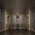 Modern Minimalist Public Bathroom With Dark Full Height Partition Stalls And Recessed Ceiling Lights
