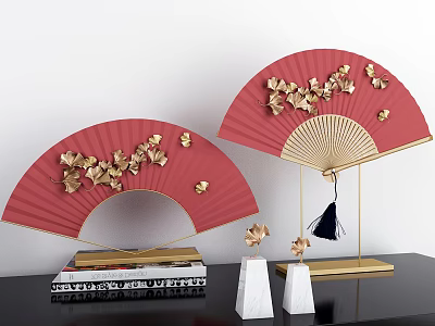 Decorative Ornament Set With Red Fans Golden Butterfly Decorations White Ornaments And Books 3d model