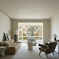 Cozy Living Dining Room Interior With Beige Sofa Wooden Armchair And Large Window