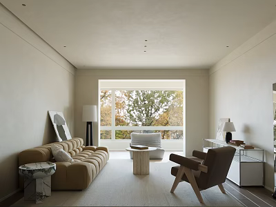 Cozy Living Dining Room Interior With Beige Sofa Wooden Armchair And Large Window 3d model