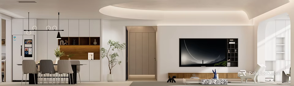 Modern Minimalist Living Room Interior Design With White Walls Beige Door TV And Indoor Plant 3d model 