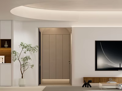 Modern Minimalist Living Room Interior Design With White Walls Beige Door TV And Indoor Plant 3d model