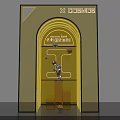 Yellow Display Cabinet with Arched Door Featuring Trendy Toy Figures and Sweet Box Design
