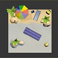 Sand Beach Pool Scene With Purple Slide Deck Chair Colorful Umbrella Palm Tree And Beach Ball