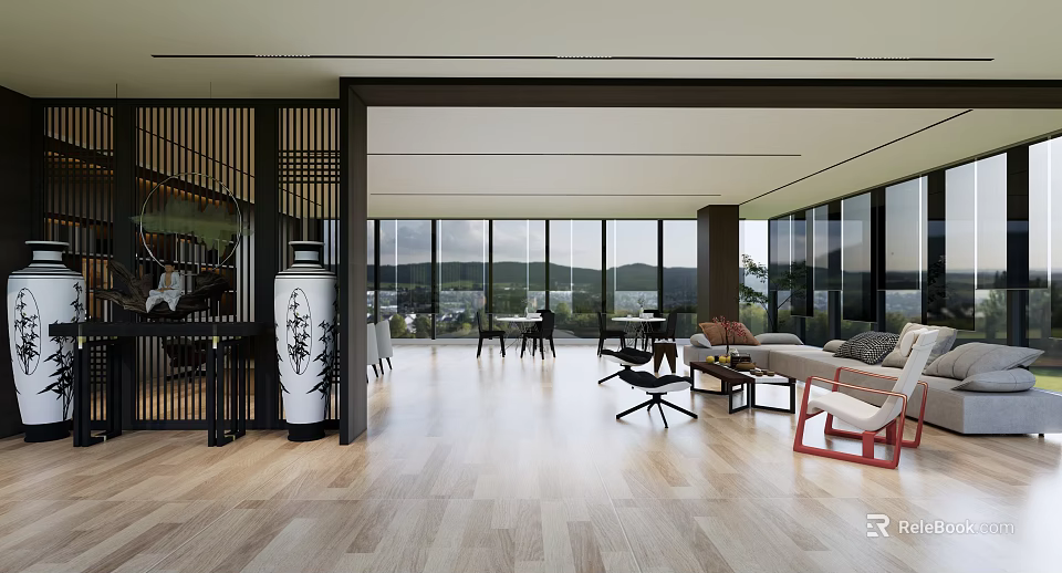 Modern Office Interior With Chinese Elements Large Windows Mountain View Open Space Wooden Flooring 3d model
