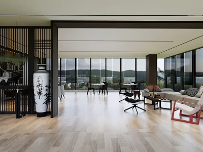Modern Office Interior With Chinese Elements Large Windows Mountain View Open Space Wooden Flooring 3d model