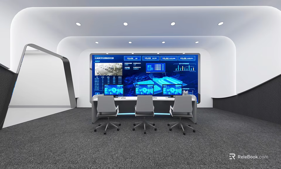 Modern Monitoring Control Room With Large Display Screens And Control Consoles 3d model 