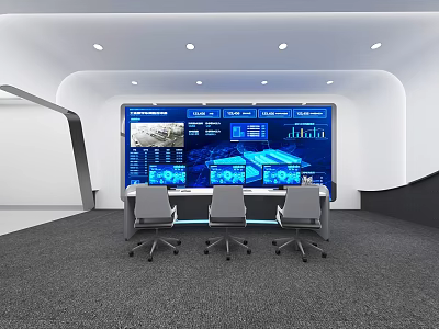 Modern Monitoring Control Room With Large Display Screens And Control Consoles 3d model