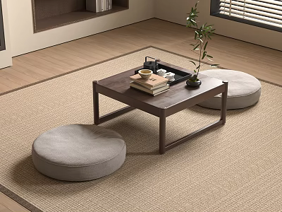 Japanese Style Wooden Tea Table with Round Floor Cushions Tea Set Books and Green Plant 3d model