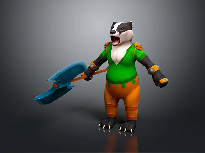 Anthropomorphic Badger Game Character Wearing Green Shirt Orange Pants Holding Blue Shovel 3d model