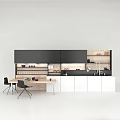 Modern Kitchen Interior With Black And White Cabinets Wooden Countertop And Open Storage