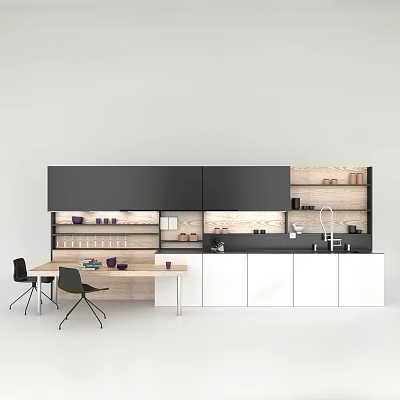 Modern Kitchen Interior With Black And White Cabinets Wooden Countertop And Open Storage 3d model
