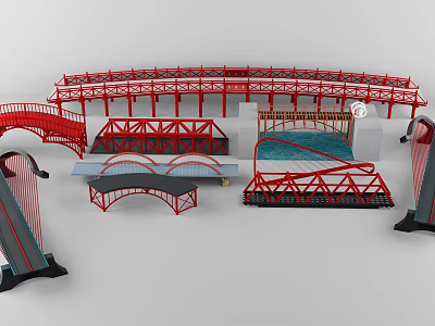 Diverse Architectural Bridge Models Featuring Different Structural Designs And Red Elements 3d model