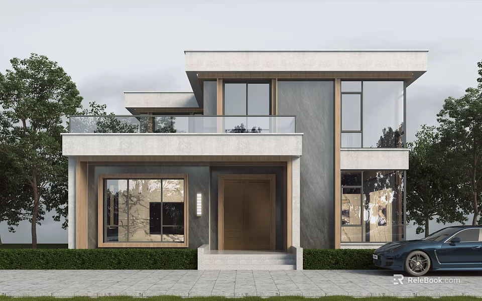 Modern Detached Villa Exterior Design With Large Windows Balcony And Front Lawn 3d model 