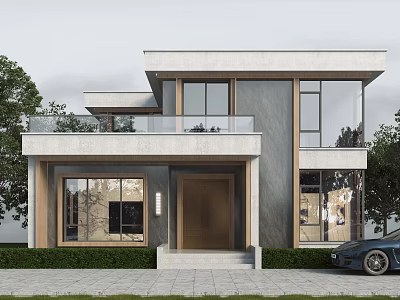 Modern Detached Villa Exterior Design With Large Windows Balcony And Front Lawn 3d model