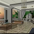 Elegant Clubhouse Interior With Chandeliers Sofas Columns And Palm Trees View
