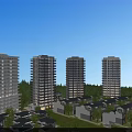 Modern Residential Buildings With High Rise Low Rise Structures Green Trees And Blue Sky