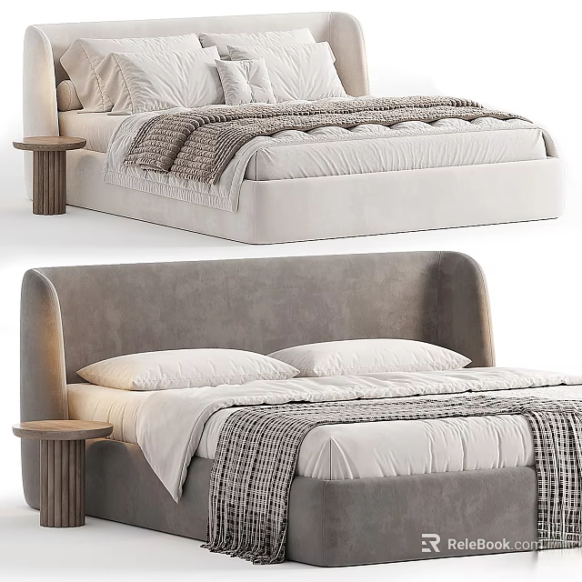 Modern Double Bed with Velvet Upholstered Headboard White Linen Sheets Gray Blanket and Wooden Bedside Table 3d model 