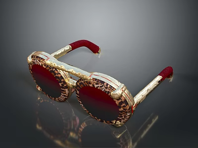 Luxury Sunglasses With Gold Frame Red Temples Leopard Print Accents And Dark Lenses 3d model