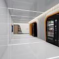 Modern Elevator Hallway With Orange Accents Striped Wall Panels And Large Windows
