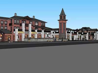 Red Brick Commercial Complex With Clock Tower And Multiple Storefront Buildings 3d model